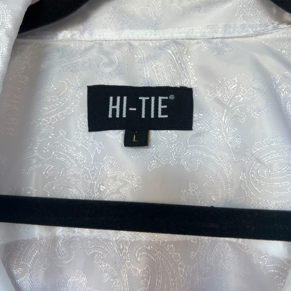 Hi Tie Men's Large Dress Shirt Shimmer White Long Sleeve Button Up Fancy Floral